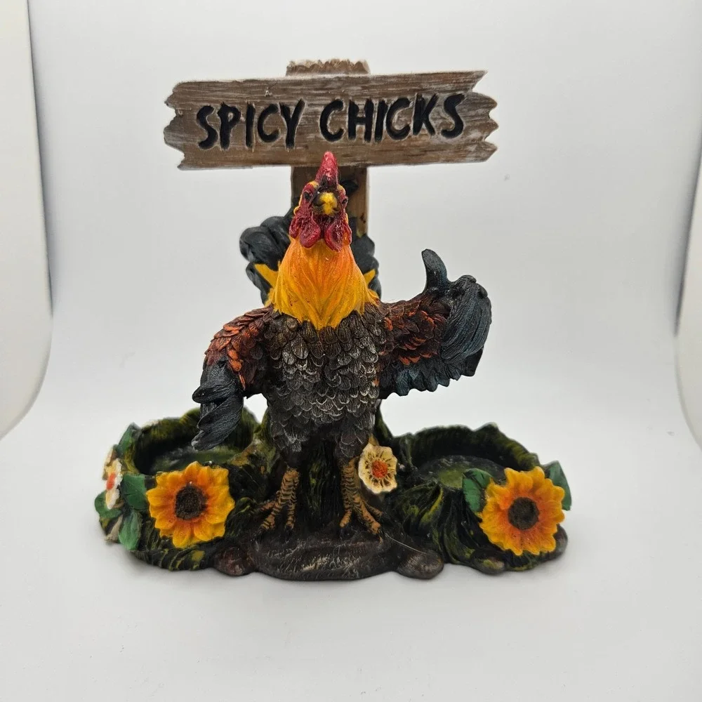 Spicy Chicks Rooster‎ Salt & Pepper Shaker Holder Farmhouse Kitchen Decor Resin